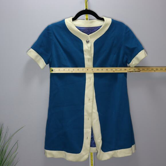 Vintage 1960s Mod Blue & Cream Knit Sweater Jacket Short Sleeve M - Picture 4 of 4